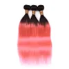 Ombre Rose Gold Straight Bundles de tissage de cheveux humains malaisiens avec frontal # 1B / Pink Ombre Straight 3Bundles avec fermeture frontale en dentelle 13x4