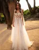 Bohème Plage 2020 Robes De Mariée Sexy Sheer Jewel Neck Dentelle Appliqued Une Ligne abiti da sposa Balayage Train À Manches Longues Pas Cher Robes De Mariée