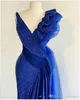Sexy African Royal Blue V Neck Mermaid Prom Dresses Sequined Court Train Evening Gown Plus Size High Side Split Formal Dress Vestidos