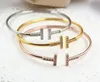 Stainless Steel silver cuff bracelet microscope zircon double T letter opening 18 k rose gold plated bracelets bangle for women fashion jewelry