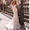 Sexy weiße Spitze Meerjungfrau Brautkleider Neue schiere Mesh Top lange Ärmel Applikation Brautkleider mit abnehmbarem Rock Vestidos De Soiree