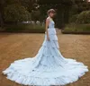 Sapanlar Sweetheart Tieres Tül Etek Sigara Beyaz Lüks Gelinlik Couture Özel Malı ile Vintage Açık Mavi Gelinlik