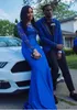 Royal Blue African Mermaid Prom Long Sleeve Pärlor Chiffon Sheer Black Girl Pageant -klänningar Formella aftonklänningar Robe de Soire