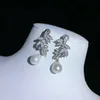 Micro inlay leaves zircon clasp accessory Luxury 8-9mm white freshwater pearl earrings necklace set fashion jewelry