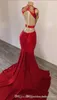 Sexy New Arrival Red Mermaid Prom Dress Deep V Neck Gold Appliques Backless Sweep Train Evening Formal Dresses Evening Gowns ogstuff