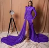 2020 Violet robes de bal Col haut à manches longues robes de soirée sexy Volants fendus Tenues de soirée