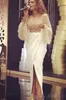 Mermaid Evening White Dresses Long Poet Sleeves Scoop Neck Beaded Pearls Ruched Pleats Front Slit Chiffon Celebrity Party Gown