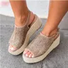 Mulheres designer de sandálias boca de peixe Roman Moda salto alto Hemp Rope Weaving Bohemian estilo casual sapatos de praia Tamanho Grande 35-43