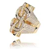 Bague en or 18 carats pour hommes, personnage du dollar américain, breloque en cuivre, couleur argent, Zircon cubique, bijoux tendance Hip Hop glacés