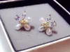 Fashion designer 3 geometric pearl diamond flower stud earrings for women girls with super glittering zircon crystal
