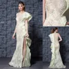 Modest Mermaid Prom Klänning Kortärmad Juvel Neck Split Applique Päron Crystal Plus Size Party Dress Sweep Train Robes de Soirée