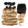 1B27 Ombre honey blonde Human Hair Bundles With Closure 3 or 4 Bundles Peruvian Straight Body Wave Deep Curly Water Wave hair Exte2448290