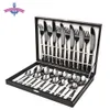 Dinnerware Set Black Gold Stainless Steel Flatware Sets Tableware Cutlery Spoon Set Party Supplies Kitchen Wood Gift Box 24 PCS