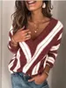 Женские свитера женские глубокие V-образные шеи Винтаж полосатый с длинным рукавом вязаный пуловер