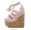 Hot Sale-Size 34 to 40 Lena ViVi beige lace up cross strap platform wedge heel sandals super high 16cm pink black 2017