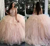 Affascinante abito da ballo rosa cipria Abiti Quinceanera con spalle scoperte Tulle con perline di cristallo Ruffles Sweet 16 Plus Size Abito da ballo per feste Abito da sera