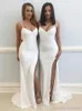 Cheap White Mermaid Bridesmaid Dresses Spaghetti Straps High Side Split Wedding Guest Dresses Sweep Train Party Gowns Vestidos De Novia