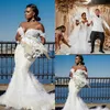 Gorąca Sprzedaż Plus Size Syrenki Suknie Ślubne Pióro Zroszony Appliqued Lace Suknia Ślubna Off-Ramię Wielopięciowy Sweep Pociąg Vestidos de Novia