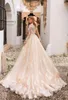 New Champagne Mermaid Wedding Dresses Off Shoulders Lace Appliques Sheer Long Sleeves Tulle Long Bridal Gowns