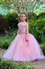 Laag ruches organza lange kinderen meisjes pageant jurken mooie roze sheer crew hals prinses formele kinderen formele slijtage bloem meisje jurk