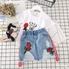 2pcs/lot Summer new design embroidery rose flower kids short top+denim skirt fashion boutique kids suit children clothing sets