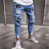 2020 Jeans da uomo elasticizzati strappati strappati da motociclista con stampa di ricamo Jeans distrutti con foro registrato Slim Fit Denim graffiato Jean di alta qualità