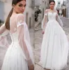Modest longo mangas de renda Bohemia Vestidos de casamento Jewel Sheer Neck Lace apliques A Linha do casamento Vestidos Bridal Com Botões