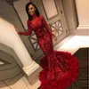 Gorgeous Sparkly Red Mermaid Evening Dresses Sequined with Feathers Long Sleeve African Black Girl Prom Dresses Formal Party Gown