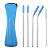 Reusable Stainless Steel Straw Set Straight Bent Straw Cleaning Brush 6pcs / Set Juice Straw with Travel Neoprene Storage Bag