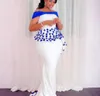 Abito da banchetto da sera per donne africane sexy di grandi dimensioni, abito da sera formale lungo in raso bianco a sirena con applicazioni sulle spalle blu