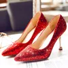 Sparkling Sequins Lace Red Bröllop Skor Bekväm designer Bridal Silk Eden Gold Heels Skor För Bröllop Evening Party Prom