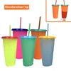 Tasse à changement de couleur en plastique de 24 oz avec capteur de température en PP Tasse à boire magique avec couvercle et paille Couleurs de bonbons Tasse à café réutilisable