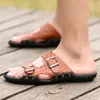 Newest Genuine Leather Slippers Mens Flat Sandals Women Shoes Double Buckle Famous Brand Arizona Summer Beach Flip Flops high Quality