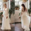 Charming V-neck Neckline Full Lace Long Sleeves Bohemia Sheath Wedding Dress with Sweep Train Backless Bridal Dress Vestido de novia