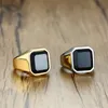 Bague chevalière carrée dorée en acier inoxydable cornaline noire pour hommes anneaux Pinky bijoux de richesse et de statut masculins