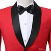 Två styck Röda Bröllop Tuxedos för brudgummen Slitage 2017 Svart sjal Lapel One Knapp Slim Fit Groomsmen Mens Passar (Jacka + Byxor + Tie)