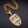 18K Gold Plated V for Vendetta Mask Pendant Necklace Iced Out Full Zircon Charm Mens Hip Hop Jewelry Gift