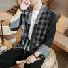 M-5XL grande taille Vintage Plaid Kimono chemise hommes bloc de couleur japonais Streetwear à manches longues été Cardigan sans col chemise