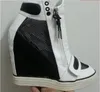 Hot Sale- Height Increasing Shoes Women Black-White Platform High Heel Wedges Sneakers Zip Up Leather Women's Casual Shoes