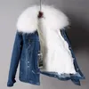 2018 nueva llegada chaquetas de piel de conejo para mujer adorno de piel de mapache blanco forro de piel de conejo gris blanco mini parkas azules demin