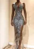 Sexy Silver Sequined Mermaid Prom Dresses Front Split See Through Evening Gowns Special Occasion Party Dress