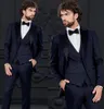 Slim Fit Navy Blue Groom Tuxedos Peak Lapel Groomsman Wedding Tuxedos Moda Męska Prom Kurtka Blazer 3piece Suit (Kurtka + Spodnie + Kamizelka + Kamizelka) 866