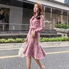 Autumn Winter Pink Plaid Tweed Wool Long Coat Women Notched Double Dreasted Sashes Ruffles Woolen Overcoat Mermaid Outerwear