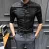 Camisa dos homens da marca Meia camisas listradas da manga para homens Business Wear formal Slim Fit vestido casual