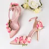 Flowers Sandals Pearls Tassel Special Design Beautiful Sweety Girls High Heels Thin 9cm Pink Princess Dress Shoes Lovely Bride