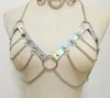 Kvinnor punk sele holografisk laser läder handgjorda kropp bondage sexig fisknät kjol bröstbälte mode choker silver kedja bra1