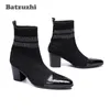 Batzuzhi Italienische Stiefel für Herren, spitze Zehenpartie, schwarz, modische kurze Stiefel für Herren, 7 cm hohe Absätze, Party, Motorradstiefel für Herren