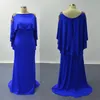 Cape ärmar prom klänningar 2023 Nya Royal Blue Golden Lace Appliced ​​Sheath Scoop Satin Evening Party Dresses 865