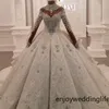 Luxuriöse Ballkleid-Hochzeitskleider 2022 Dubai Arabisch High Neck Kristalle Perlen 3D-Spitze-Applikationen gerüscht lange Brautkleider Langarm CPH094