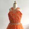 Sparkly Coral Beaded Rhinestones Little Girls Pageant Klänningar Halter Backless Tulle Princess Graduation Dress Kids Toddler Flower Girl Dress